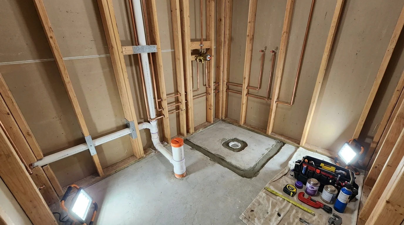 Bathroom rough-in plumbing during remodel by Johns Plumbing LLC in Davidsonville