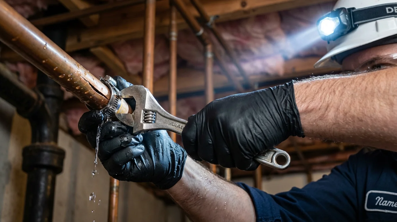 Emergency pipe clamp repair being performed by a Johns Plumbing LLC plumber in Davidsonville
