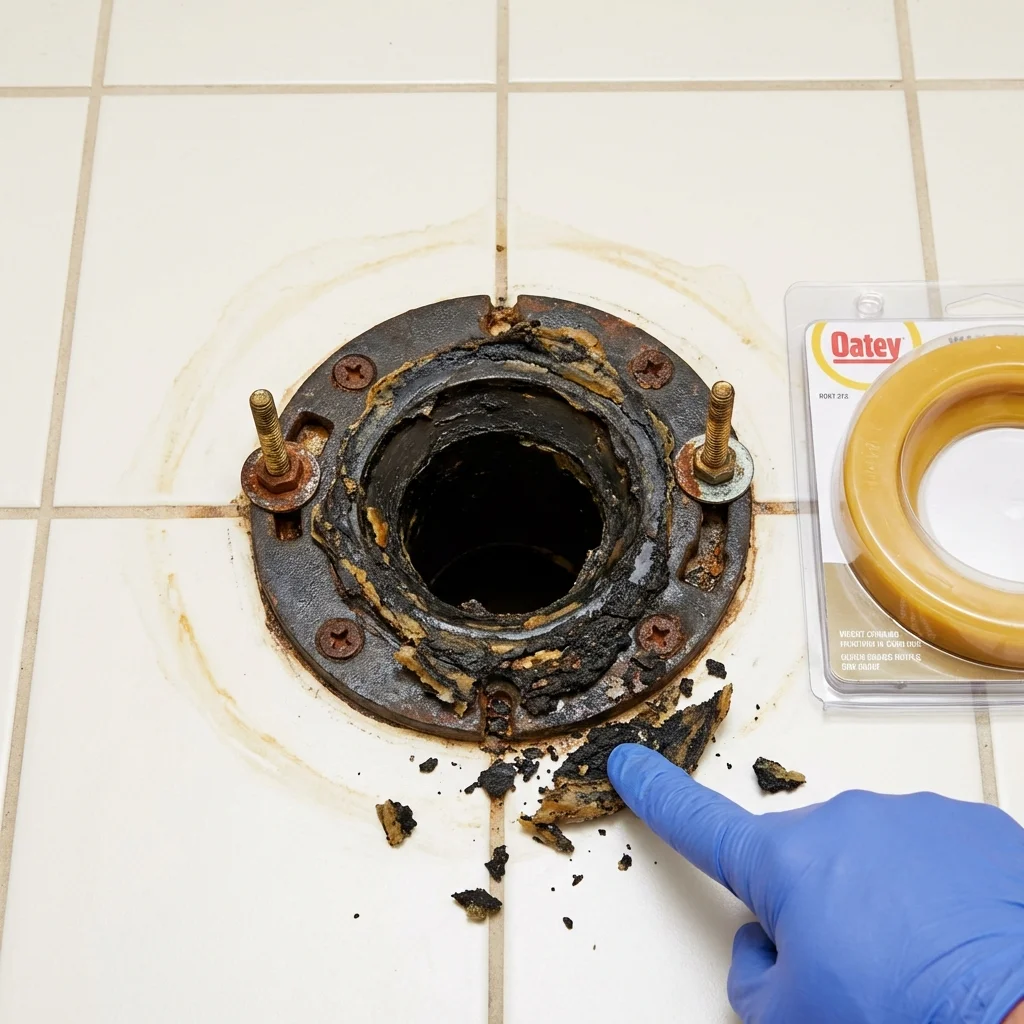 Failed wax ring showing water seepage at the base of a toilet in a Davidsonville, MD home