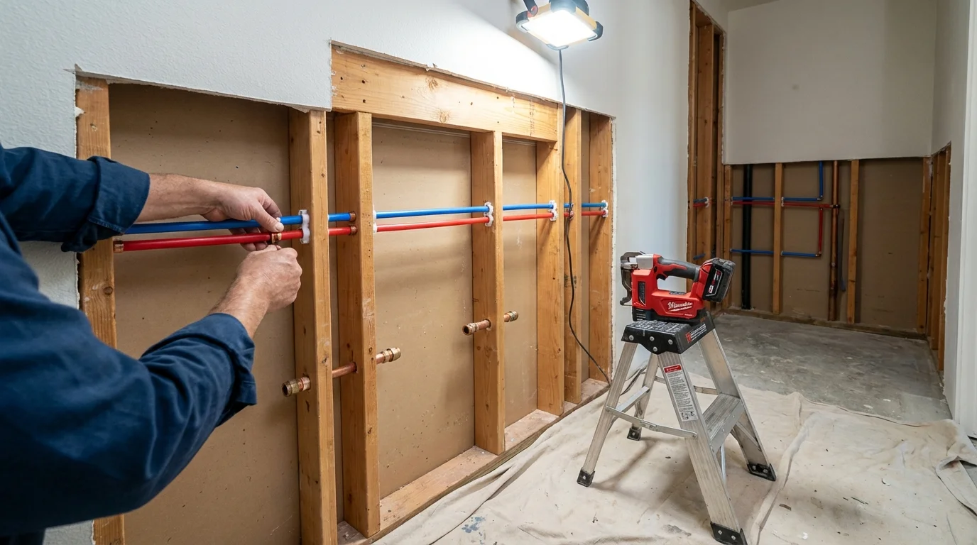 Old galvanized pipes being replaced with modern PEX piping during a whole-house repipe in Davidsonville, MD
